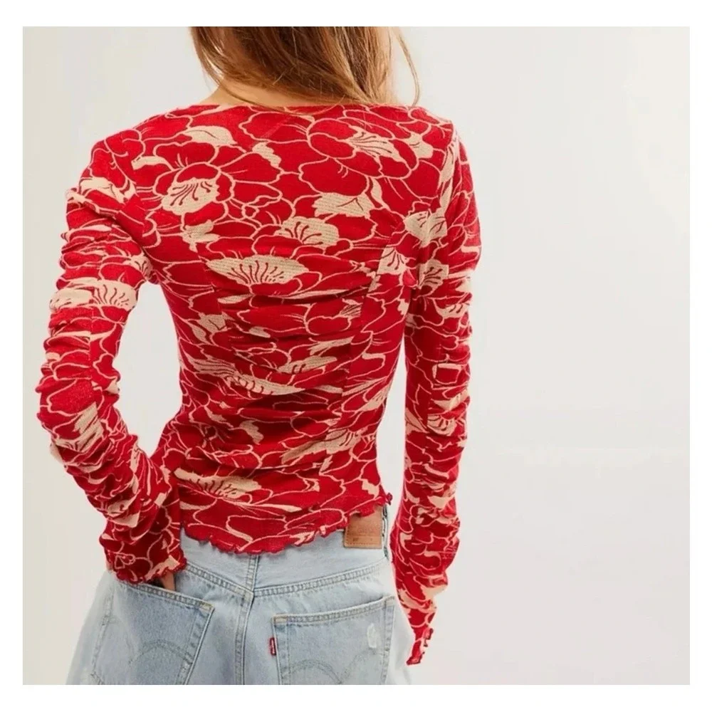 Free People Through The Meadow Top S/M Mesh Floral Print Long Sleeve Corset